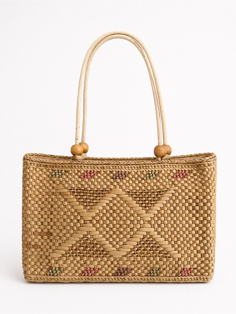 Vintage Woven Straw Tote Shoulder Bag Boho Wood Beaded Rope Strap Purse